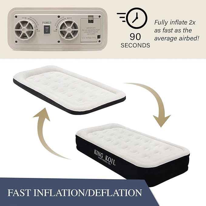King Koil Plush Pillow Top Twin-Size Inflatable Air Mattress with Built-in High-Speed Pump for Camping, Home & Guests - Luxury 13" Twin Airbed Blow Up Mattress Waterproof, 1-Year Warranty