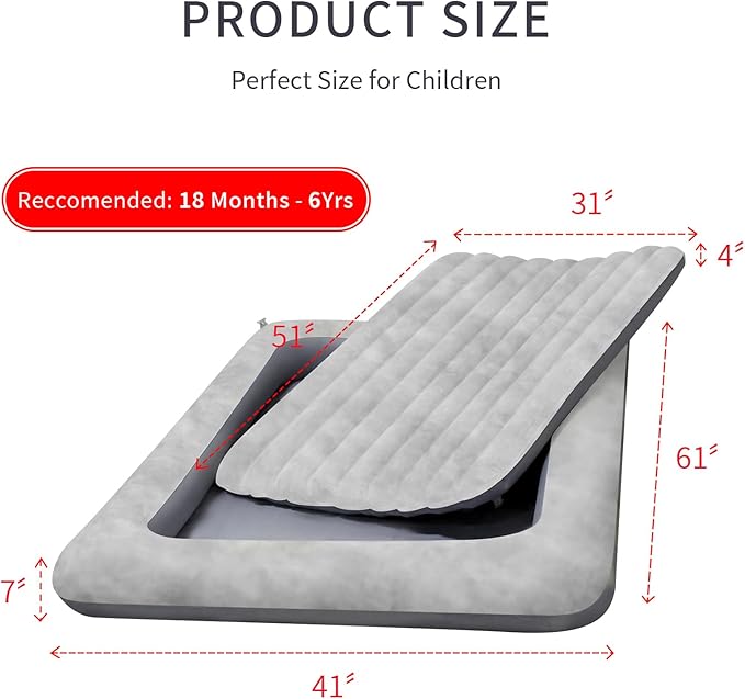 Air Mattress for Kids：Portable Fast Kid air Mattress, Portable Toddler Inflatable Travel Bed, Surface with Plush Smooth Comfortable Ideal for Living Room, Room and Outdoor Camping use（Gray）