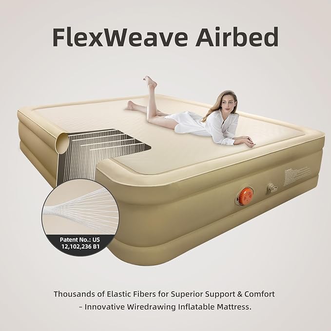 King Air Mattress with USB Rechargeable Built-in Pump, Wireless Inflatable Airbed, FlexWeave Tech for 1100 lbs Enhanced Support, Portable for Home & Camping, Leak Proof Design, Carry Bag