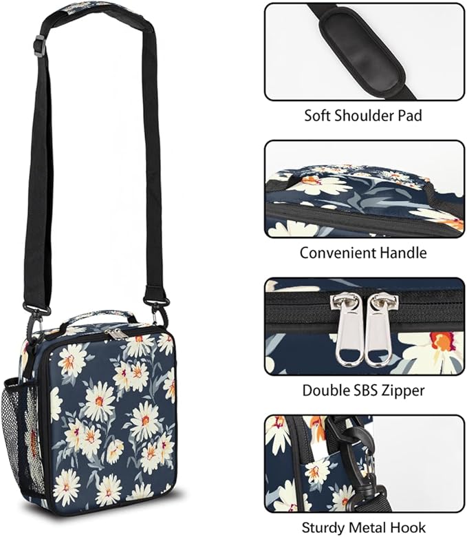 Daisy Insulated Lunch Bag for Girls Women,Daisy Flower Cooler Thermal Tote Kids Reusable Lunch Box Container for School Picnic Work Office Travel Outdoor