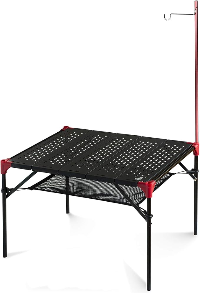 iClimb Extendable Folding Table Large Tabletop Area Ultralight Compact with Hollow Out Tabletop for Camping Backpacking Beach Concert BBQ Party, Three Size (Black - L + Hanger)