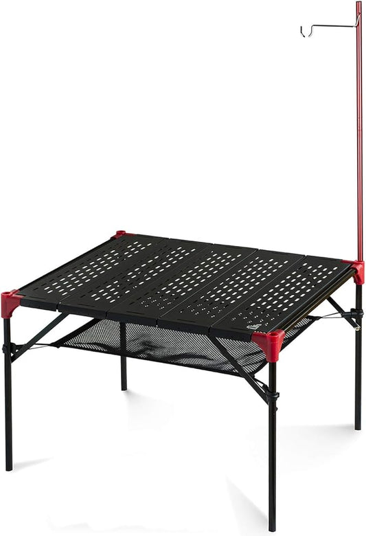 iClimb Extendable Folding Table Large Tabletop Area Ultralight Compact with Hollow Out Tabletop for Camping Backpacking Beach Concert BBQ Party, Three Size (Black - L + Hanger)
