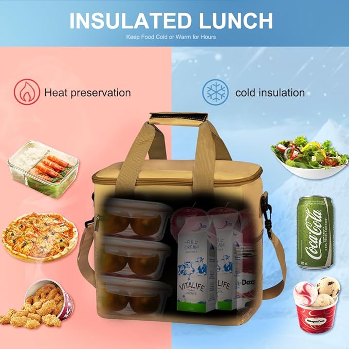 iknoe Large Cooler Bag Collapsible, 15L Insulated Bags, Leakproof Lunch Cooler Tote with Multi-Pockets for Adult, Insulated Lunch Box for Beach, Picnic, Work, Khaki 24-Can
