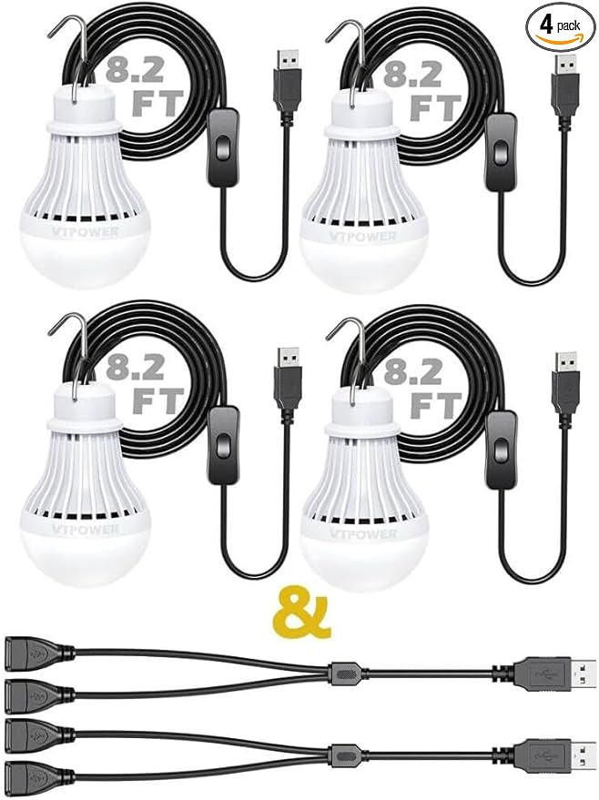 4 Pack USB LED Camping Lantern, 8.2 ft Extra Length Cord Tent Light with USB Y-Cable, Portable LED Bulb for Garage, Warehouse, Car, Truck, Fishing Boat, Room Emergency Light, White