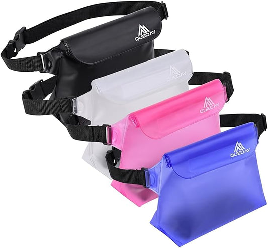 Queday 4-Pack Waterproof Pouch with Waist Strap, Screen Touchable Dry Bag with Adjustable Belt for Phone Valuables for Swimming Snorkeling Boating Fishing Kayaking Black White Pink Blue
