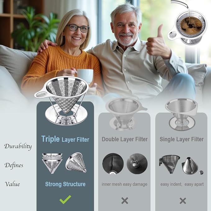 dailybrew Pour Over Coffee Maker, Triple Layer Stainless Steel Cone Coffee Filter, 4 Cup Non-electric Drip Coffee Maker, Manual Portable Pour Over Coffee Maker, Metal Cone Cafe Coffee Dripper