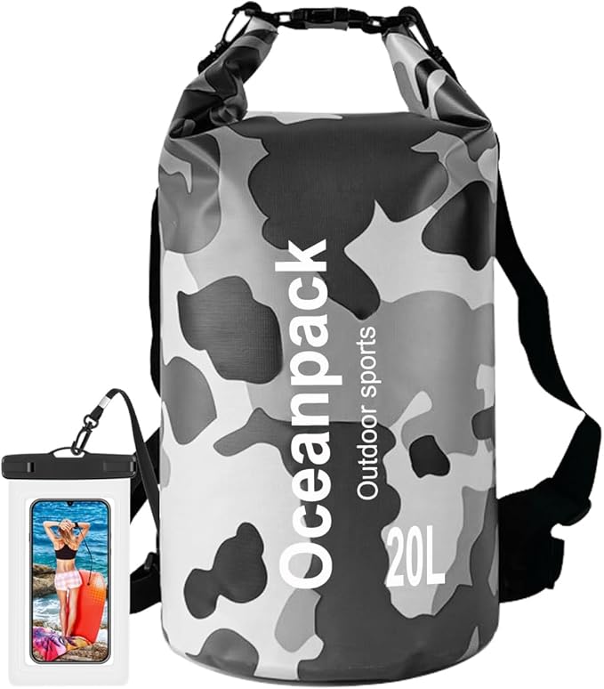 Waterproof Dry Bag 2L/5L/10L/20L/30L, Dry Sack for Kayaking Rafting Boating Beach Surfing Swimming, Camping, Hiking, Beach, Fishing Gray Backpack with Waterproof Phone Case