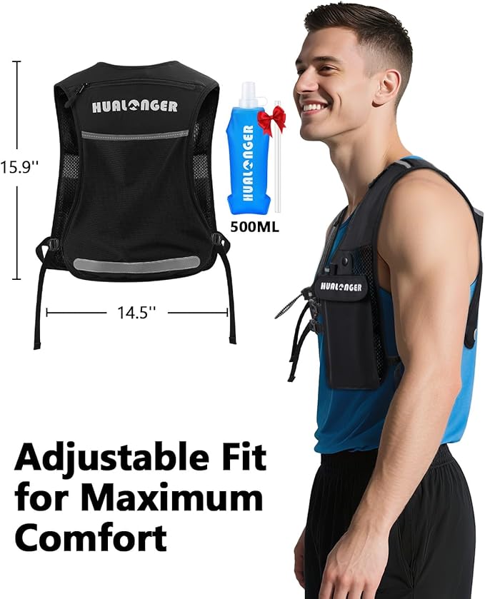 Running Hydration Vest for Women Men,Lightweight Breathable Hydration Pack with 500ml Soft Flask, Adjustable Chest Straps Reflective Backpack for Trail Running Marathon Race Jogging Cycling
