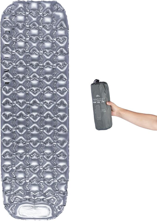 iClimb Ultralight Compact Sleeping Pad with Built-in Pump Inflatable Portable Air Mattress for Camping Backpacking Hiking (Silver)