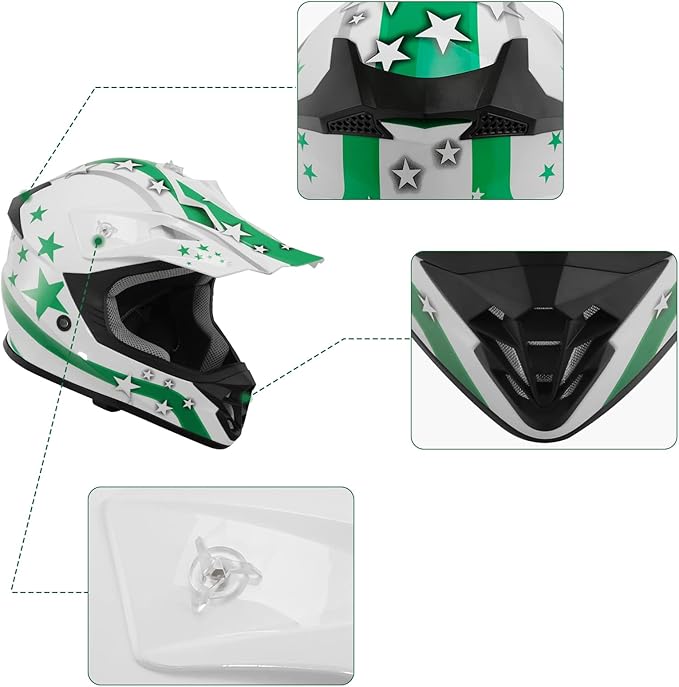 TCT-MOTORPARTS DOT Youth Kids Motocross ATV Helmets Offroad Street Dirt Bike Go-Kart BMX MX Full Face Helmet White w/Green Star Large Size