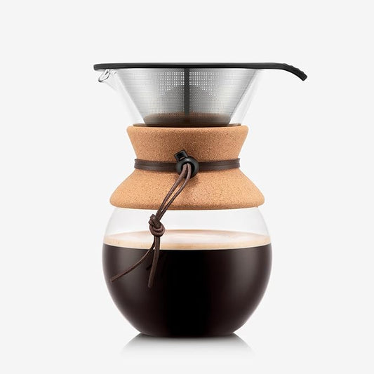 Bodum 34oz Pour Over Coffee Maker, High-Heat Borosilicate Glass with Reusable Stainless Steel Filter and Cork Grip - Made in Portugal