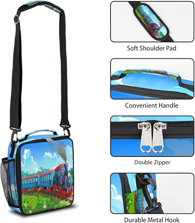 Steam Train Insulated Lunch Bag for Girls Boys Teen Colorful Locomotive Reusable Lunch Box with Shoulder Strap Freezable Thermal Cooler Bag