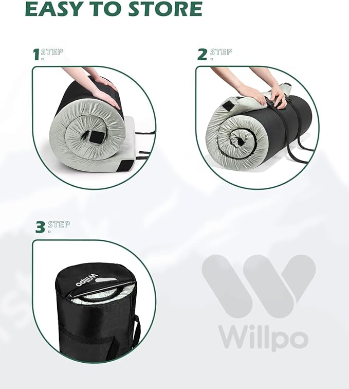 Willpo CertiPUR-US Memory Foam Camping Mattress with Travel Bag and 2 Interchangeable Covers, Lightweight Portable Sleeping Pad for Tents, Guest Beds, Home