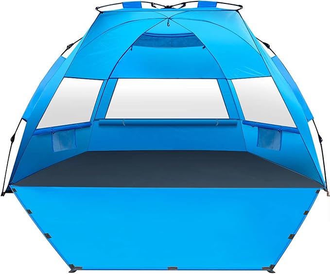 MIRUS Pop Up Beach Tent, Deluxe XL Sun Shade Shelter for 3-4 Person with UPF50+ Protection, Extendable Floor & 3 Ventilating Windows Carrying Bag Stakes and Guy Lines