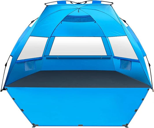 MIRUS Pop Up Beach Tent, Deluxe XL Sun Shade Shelter for 3-4 Person with UPF50+ Protection, Extendable Floor & 3 Ventilating Windows Carrying Bag Stakes and Guy Lines