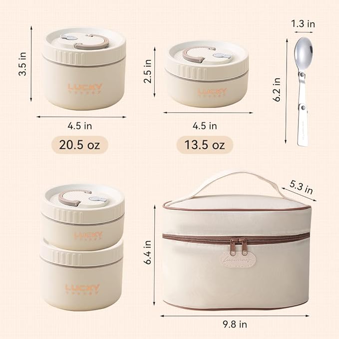 YBOBK HOME Thermal Bento Box Aldult Lunch Box, Portable Insulated Lunch Container For Work Picnic, Keep Warm Stainless Steel Food Container With Bag, Induction Cooker & Microwave Safe (Beige 68oz)