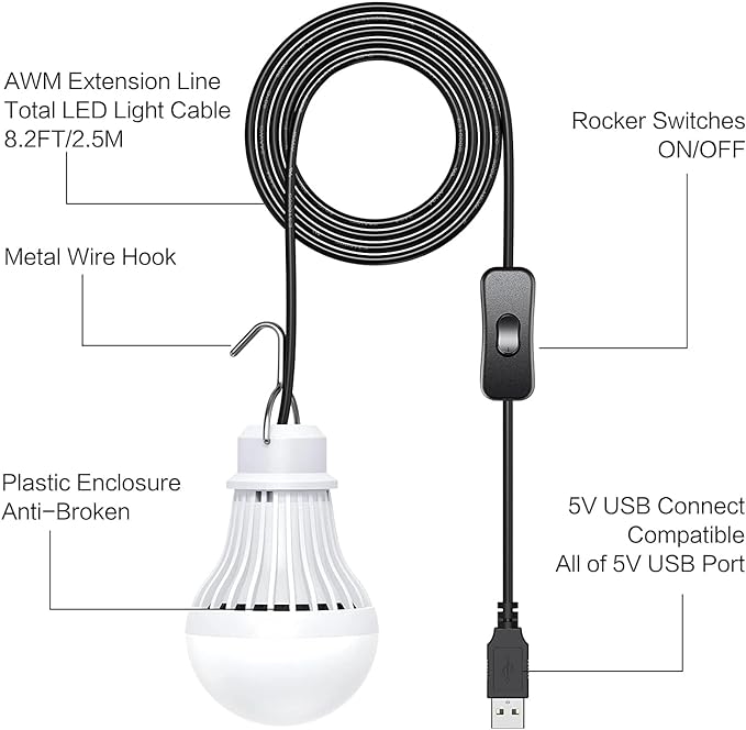 4 Pack USB Light Bulb, USB LED Camping Light Lantern, 8.2 ft Extra Length Cord Tent Light with USB Y-Cable, Portable LED Bulb for Garage Warehouse Car Truck Fishing Boat Room Emergency Light, Warm