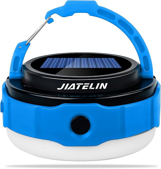 LED Rechargeable Camping Latern -Blue Solar Power Tent Light with 7 Light Modes, Power Bank, USB Charger Outdoor, Hiking, Home and Powered Emergency Failure Hurricane Hanging