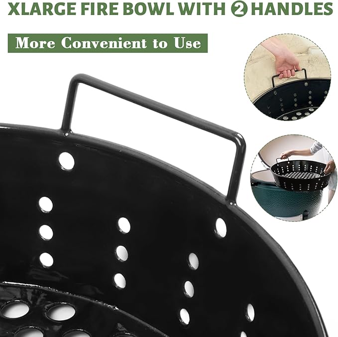 KAMaster XLarge Charcoal Basket Carbon Steel Fire Bowl for XLarge Big Size Green Egg,Heavy Duty Enamel Coated Carbon Steel Charcoal Ash Basket with Handles(Fit for XL)