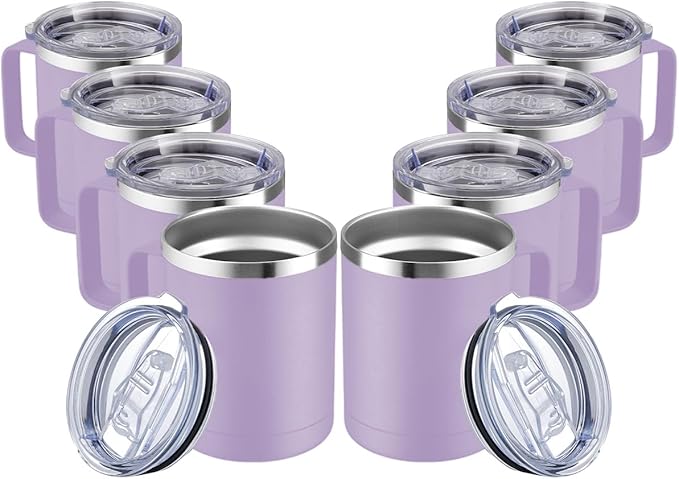 MEWAY 12oz Coffee Mug With Handle and Sliding Lid,Stainless Steel Travel Tumbler Cup with Handle,Double Wall Vacuum Insulated Camping Cup for Hot & Cold Drinks Tea (Lilac,Set of 8)