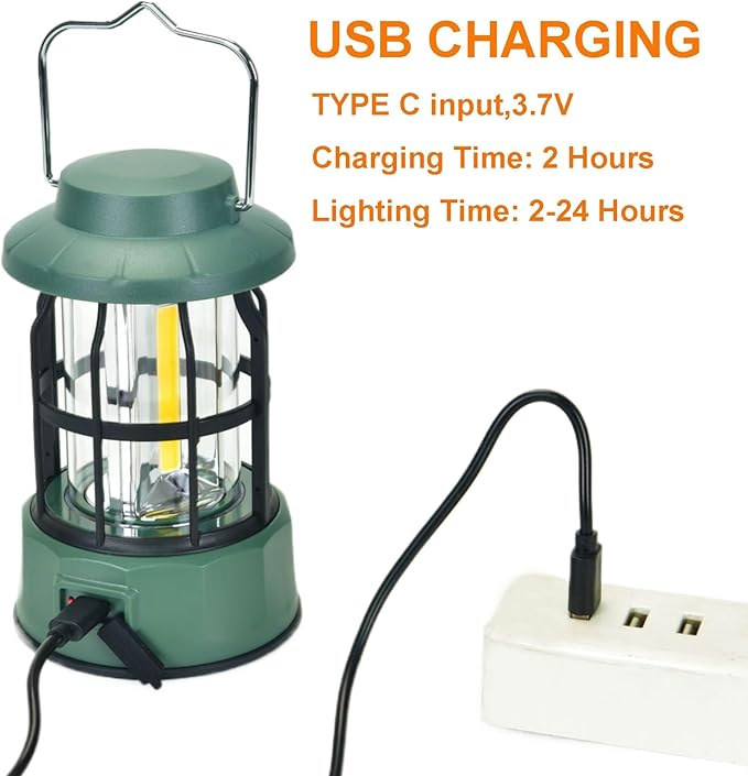 Camping Lantern Vintage Camp Light Dimmable USB C Rechargeable Portable Hanging Tent Retro COB Lights for Power Outages, Survival, Hiking, Bar (5.4 in Height, Green)