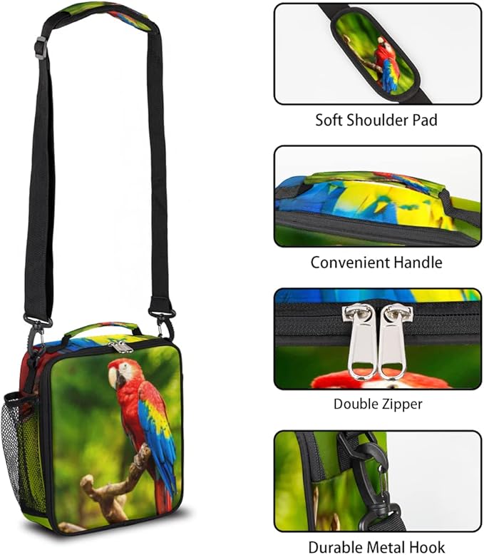Parrot Lunch Bag, Tropical Bird Parrot Kids Lunch Box Reusable Insulated Lunch Bag for Boys Girls Back to School Thermal Cooler Lunch Tote Leakproof Lunch Box with Shoulder Strap for School Daycare