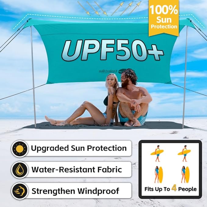 Beach Shade Tent, Portable Easy Pop Up Beach Canopy, UPF50+ Sun Protection Shelter, Windproof & Water Resistant, Perfect for Family