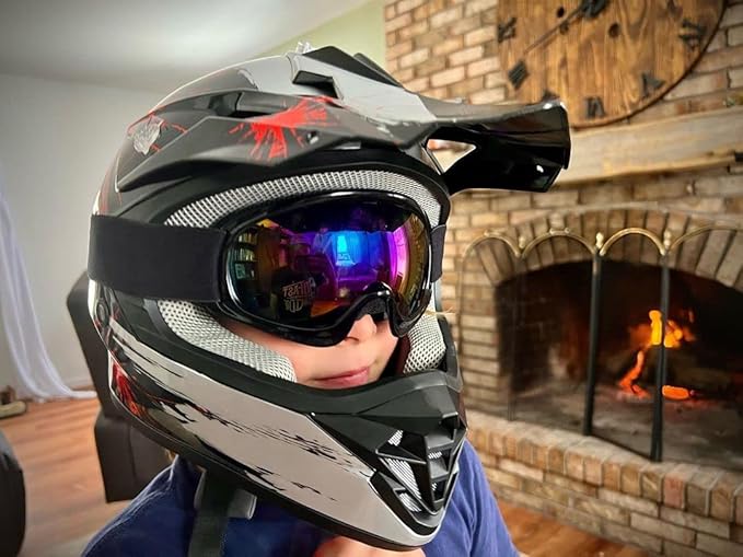 TCT-MOTORPARTS DOT Youth Kids Motocross ATV Helmets Offroad Street Dirt Bike Go-Kart BMX MX Full Face Helmet Black w/Red Fireworks X-Large Size