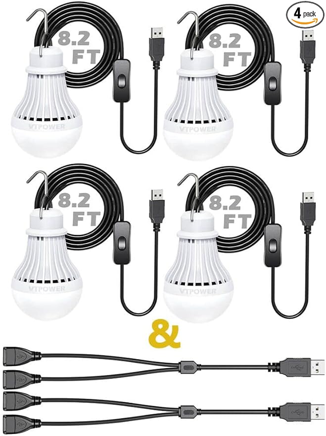 4 Pack Portable LED Bulb, 5W USB LED Camping Light for Garage Warehouse Car Truck Fishing Boat Outdoor Emergency Light Children Bed Room, 2.5m/8.2ft Extension Cord…