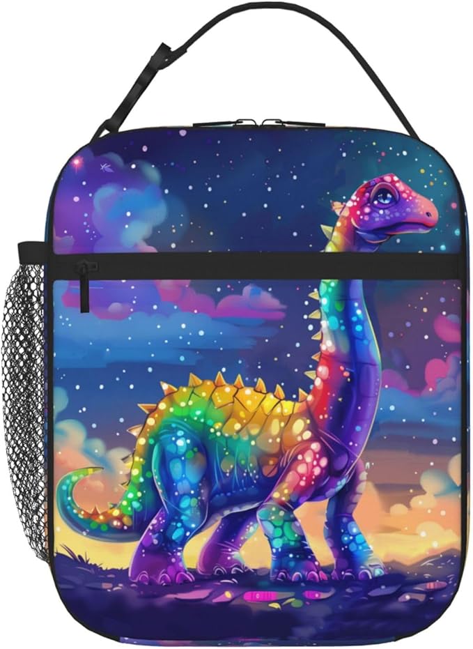 SARA NELL Dinosaur Insulated Lunch Bag Cute Dino Rainbow Tie Dye Body in Magic Sparkle Space Lunch Box for Women Men Teens Kids, Reusable Lunch Tote Bag