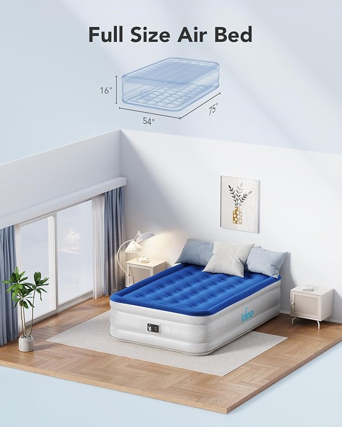 iDOO Air Mattress Full with Built in Pump, Blow up Mattress Full Size, Upgraded Inflatable Mattress for Camping Home and Guest Bed, Fast Inflation, Comfort Portable Air Bed, Colchones Inflables