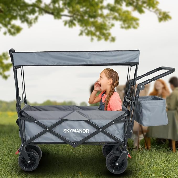 Collapsible Wagon with Removable Canopy, 3-in-1 Heavy Duty Garden Cart with Big All-Terrain Wheels, Brakes, Adjustable Push Pull Handle, Cooler Bag, 300LBS Wagon Cart for Camping (Grey)