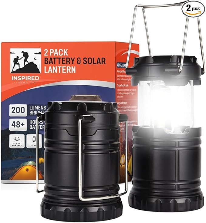 Rechargeable Camping Lanterns for Power Outages - Pack of 2 Waterproof LED Solar Lanterns for Camping Essentials, Hiking Gear, Battery Backup & Emergency Survival Kits