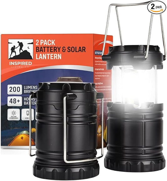 Rechargeable Camping Lanterns for Power Outages - Pack of 2 Waterproof LED Solar Lanterns for Camping Essentials, Hiking Gear, Battery Backup & Emergency Survival Kits