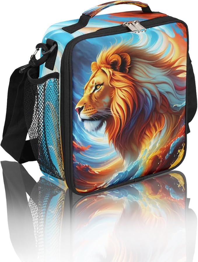 Lion Colorful Ocean Wave Art Animal Boys Lunch Box, Reusable Insulated Waterproof With Adjustable Shoulder Strap, Thermal Cooler Tote Bag for School, Daycare, Picnic