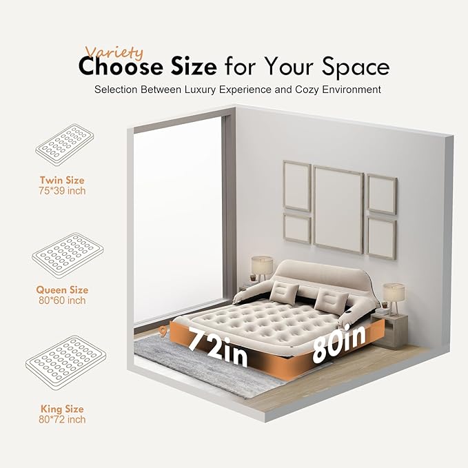 DIMAR GARDEN King Size Air Mattress with Headboard and Pillows, Inflatable Bed Blow Up Bed