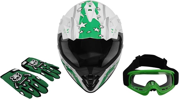 TCT-MOTORPARTS DOT Youth Kids Helmets Motocross ATV Helmets Offroad Street Dirt Bike Go-Kart BMX MX Full Face Helmet White w/Green Star Medium Size