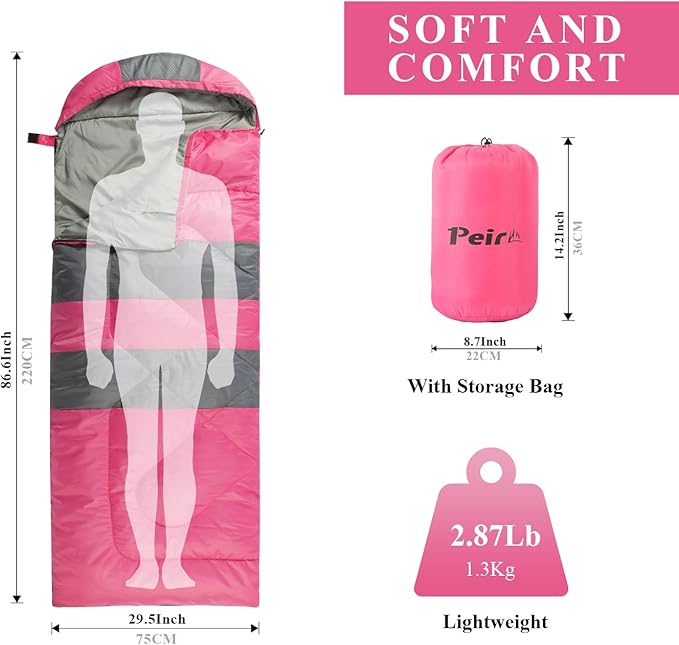 Sleeping Bags, Camping Sleeping Bag for Adults, 3 Season Warm & Cool Weather, Lightweight Waterproof Sleeping Bags for Indoor Outdoor Camping Traveling Backpacking, Pink/Blue/Black