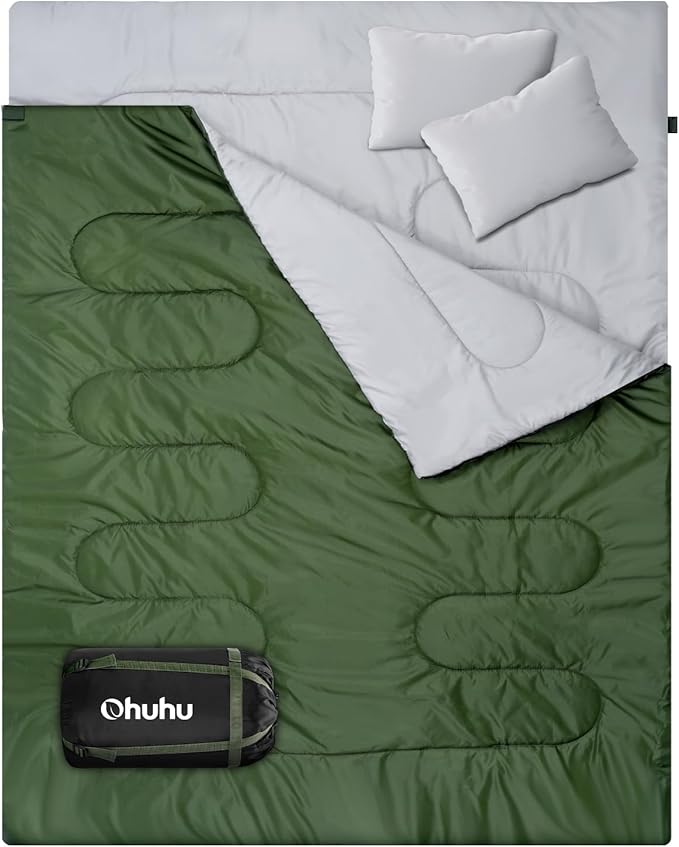 Ohuhu Double Sleeping Bag for Adults with 2 Pillows, Queen Size Two Person Sleeping Bag for Camping Hiking Backpacking 2 Person Sleeping Bags for Cold Weather & Warm