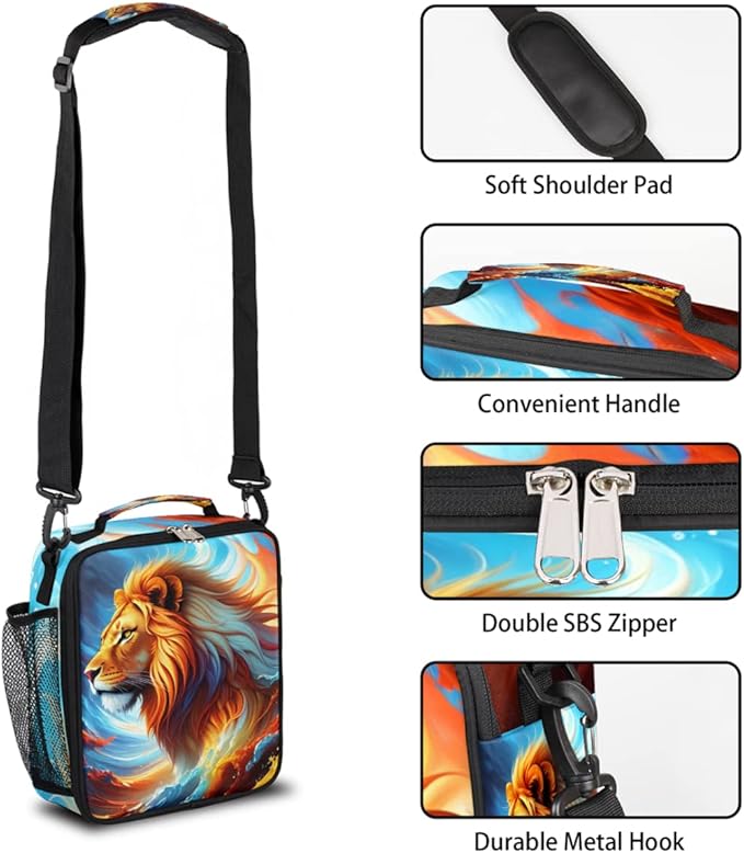 Lion Colorful Ocean Wave Art Animal Boys Lunch Box, Reusable Insulated Waterproof With Adjustable Shoulder Strap, Thermal Cooler Tote Bag for School, Daycare, Picnic