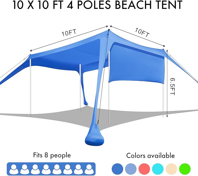 Beach Canopy Tent Shade with Sidewalls 10x10FT, 6.6FT Tall, UPF50+ Sun Shelter, Windproof & Water Resistant, Includes Guylines Sand Shovel Stability Poles, Easy Up for Beach Outdoor Camping Backyard