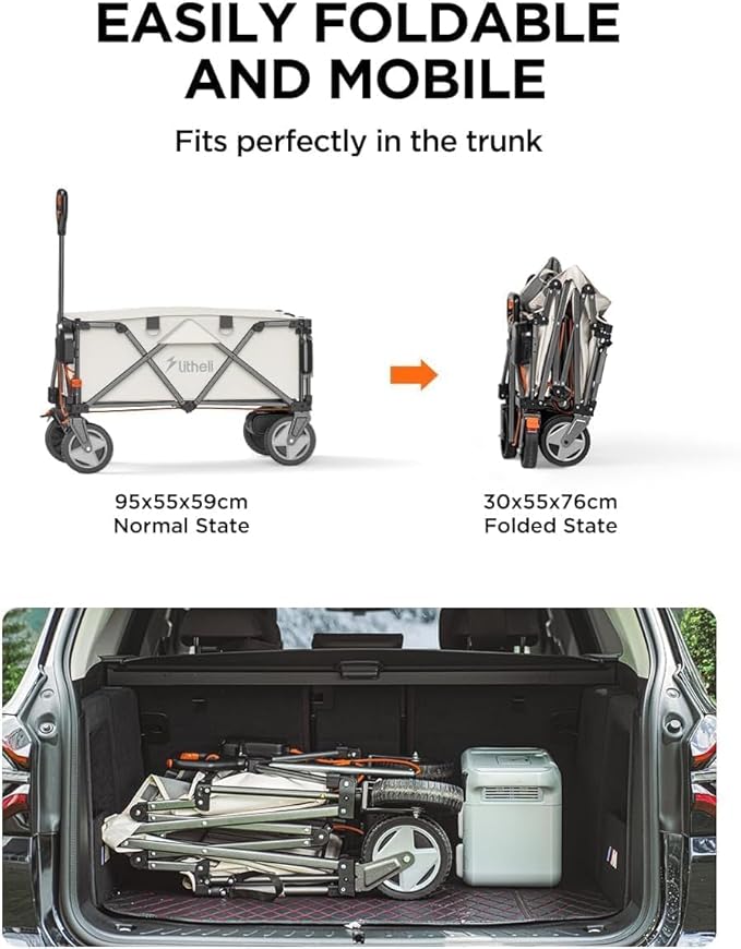 Litheli Electric Collapsible Wagon Cart, 200L Heavy Duty Utility Cart with All-Terrain Wheels, Beach Wagon with Self-Propelled, Variable Speed for Camping, Shopping, Sports, Garden, (1 U-Battery)