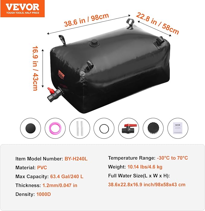 VEVOR 240L/63.4 Gallon Water Storage Bladder, Portable RV Water Tank, 1000D PVC Collapsible Water Storage Containers, Soft Water Storage Bag, Water Bladder,Camping, Emergency Water