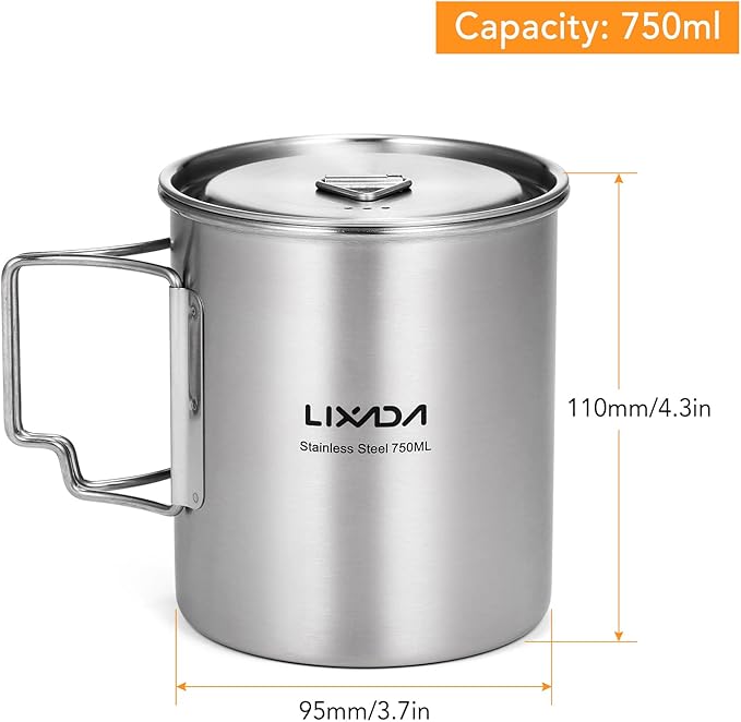 LIXADA Camping Cup Pot,750ml Stainless Steel Water Cup Mug with Foldable Handles and Lid for Outdoor Camping Hiking Backpacking