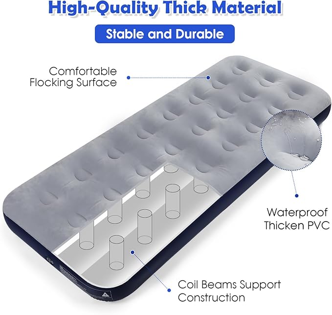 Camping Air Mattress Inflatable Air Bed Flocked Surface Travel Bed Sleeping Pad Air Bed for Outdoor Camping Tent Guest Travelling（Navy Blue,2 PCS）