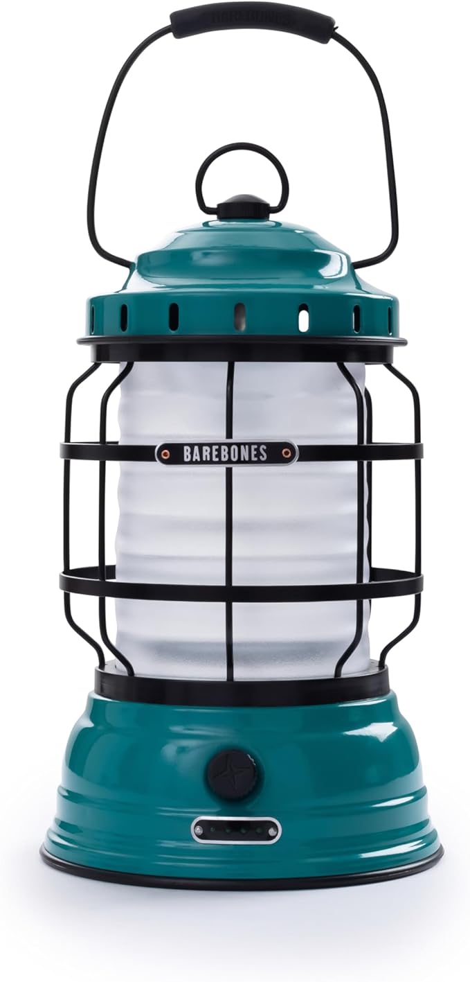 Barebones Forest Lantern – Teal, Vintage Rechargeable LED Lantern with Adjustable Brightness – Battery Operated Camping Light for Outdoor Adventures, Backyard Gatherings, and Emergency Use