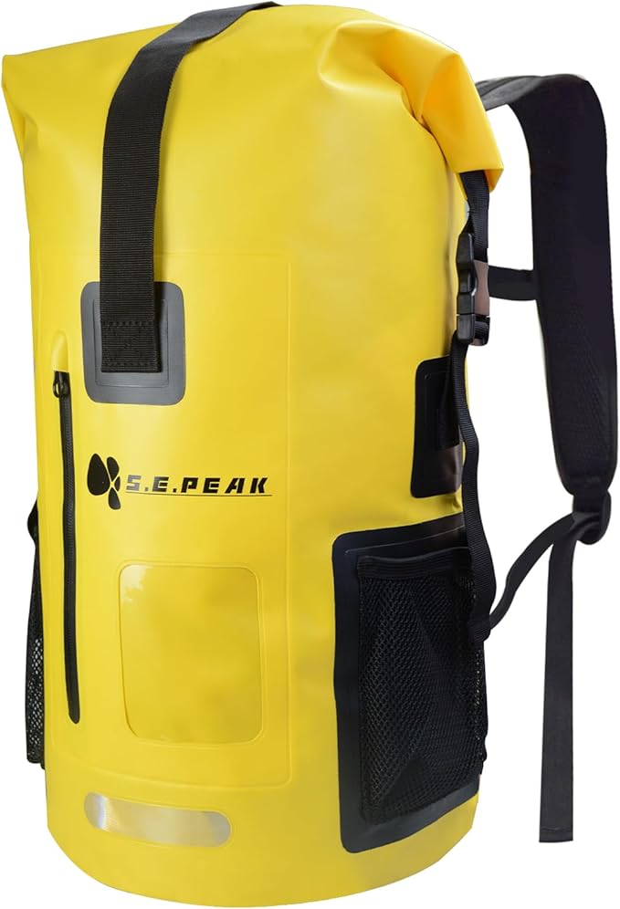 SEPEAK 55L Waterproof Marine Dry Bag, Roll Top Backpack, Heavy Duty Dry Sack for Kayaking, Boating,Swimming,Diving,Surfing,Rafting,Fishing,Camping,Hiking,with Reflective Strip,Yellow