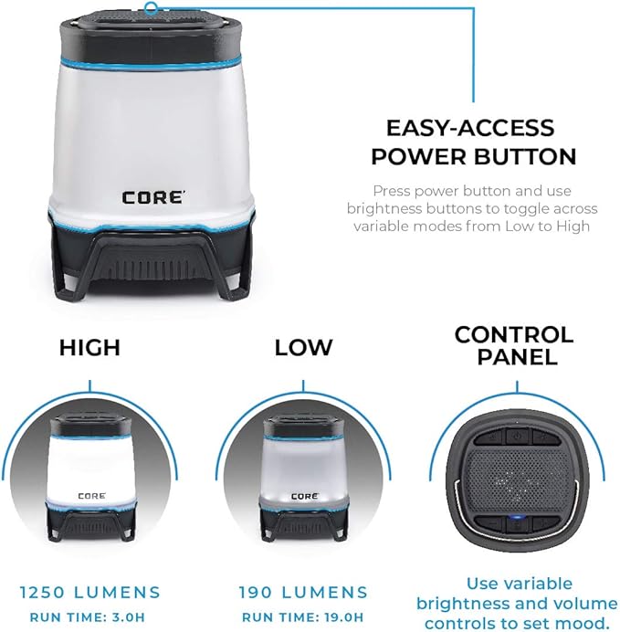 CORE 1250 Lumen Rechargeable Bluetooth Speaker Lantern with USB Output, Charges Phones
