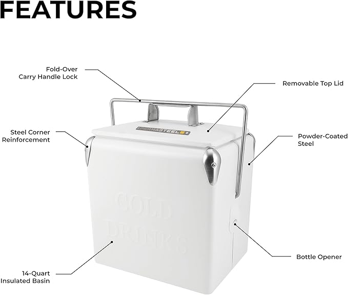 Permasteel Retro Vintage 14-Qt Portable Ice Chest, Hard Metal Beverage Cooler, Personal Cooler for Camping, Beach, Picnic, Classic Style, White