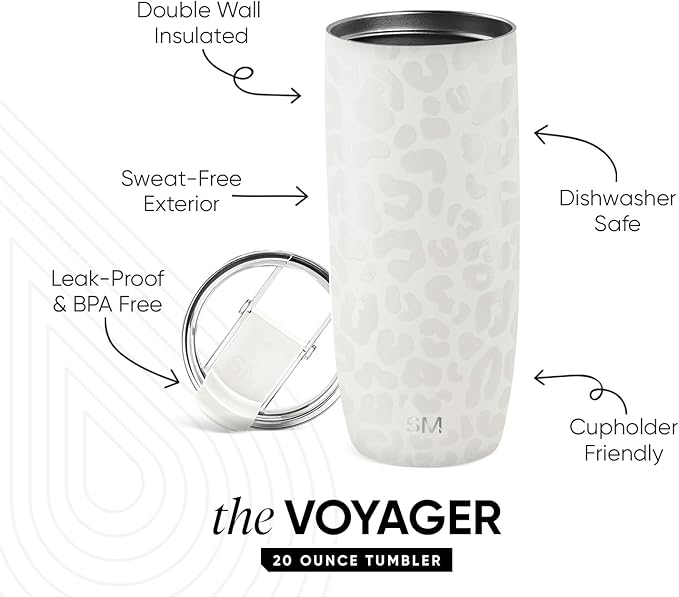 Simple Modern Travel Coffee Mug Tumbler with Flip Lid | Reusable Insulated Stainless Steel Cold Brew Iced Coffee Cup Thermos | Gifts for Women Men Him Her | Voyager Collection | 20oz | Cream Leopard